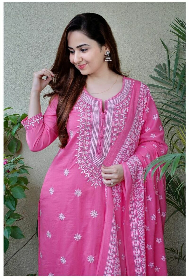Women Cotton Blend Kurta Palazzo Dupatta Set
